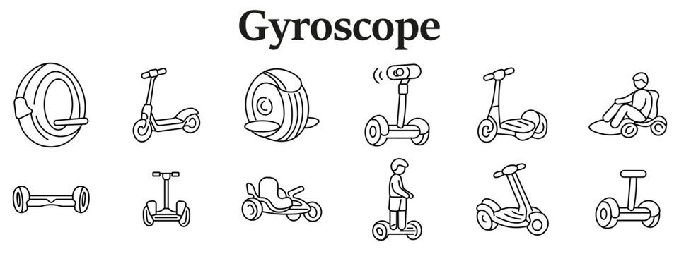 Gyroscope transport set icon. Self balancing wheel, scooter, electric unicycle, segway device, hoverboard, ride vehicle, kart, standing rider, personal mobility devices line style.