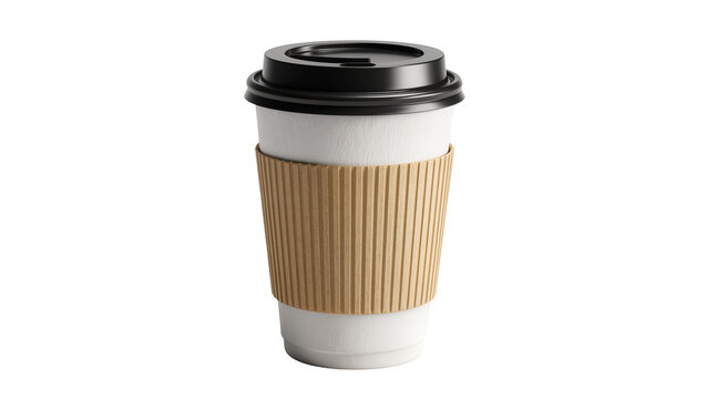 White paper coffee cup with black lid and brown corrugated sleeve, isolated on transparent background