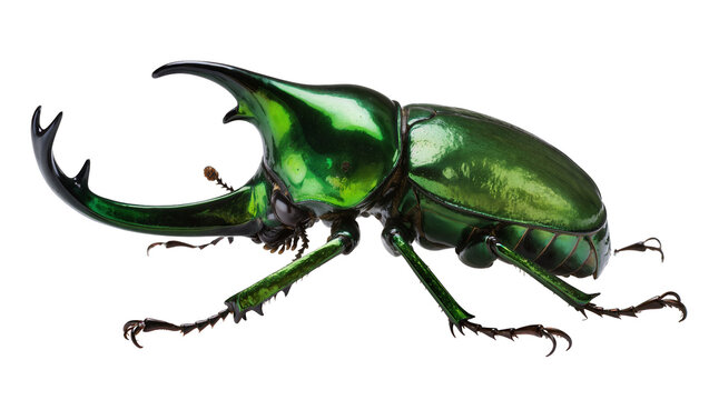 Shiny metallic green rhinoceros beetle with large horns, isolated on transparent background