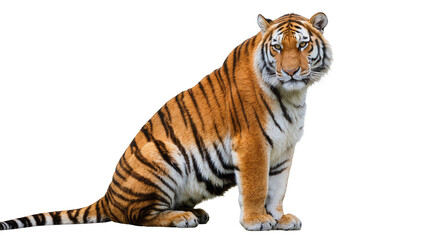 Obraz premium Majestic Bengal tiger with orange and black stripes sitting, isolated on transparent background