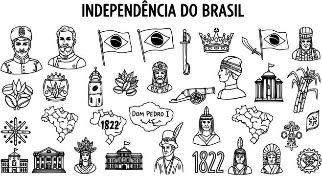 Brazilian Independence Day Black and White Line Art Doodle Icon Set. Historical symbols, figures, and map of Brazil for education and national holiday.