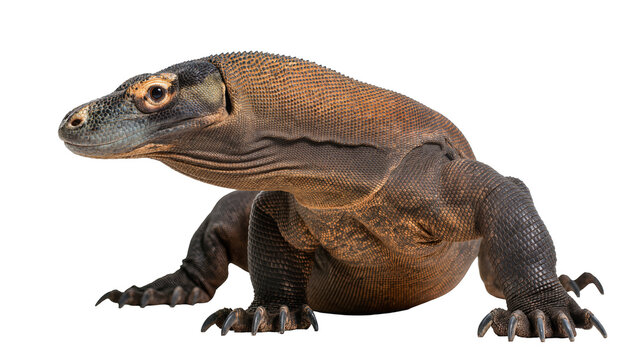 Large brown Komodo dragon reptile with scaly skin, isolated on transparent background