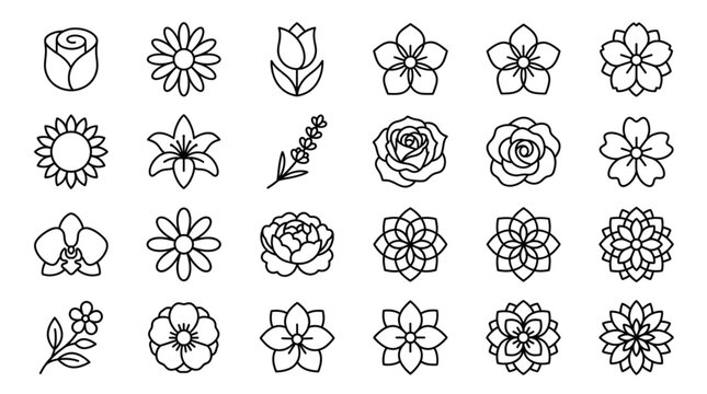 Collection of Hand Drawn Flower Icons in Outline Style.