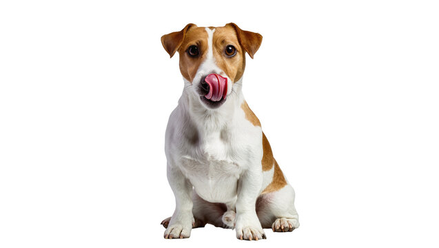 Jack Russell Terrier dog licking its nose, isolated on transparent background