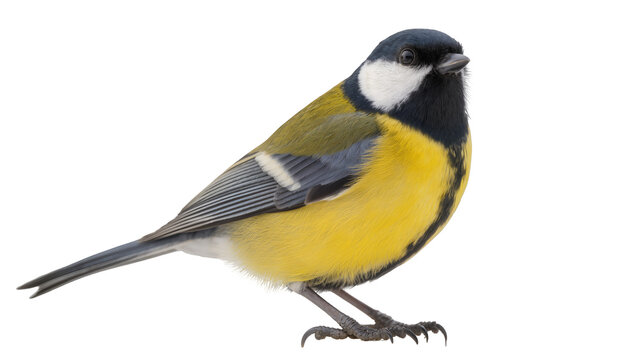 Great tit bird with yellow belly and black head, isolated on transparent background