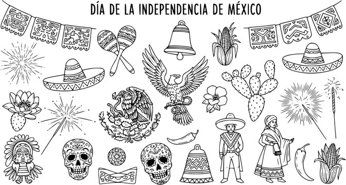 Mexican Independence Day Black  White Line Art Collection with Cultural Symbols and Celebration Icons
