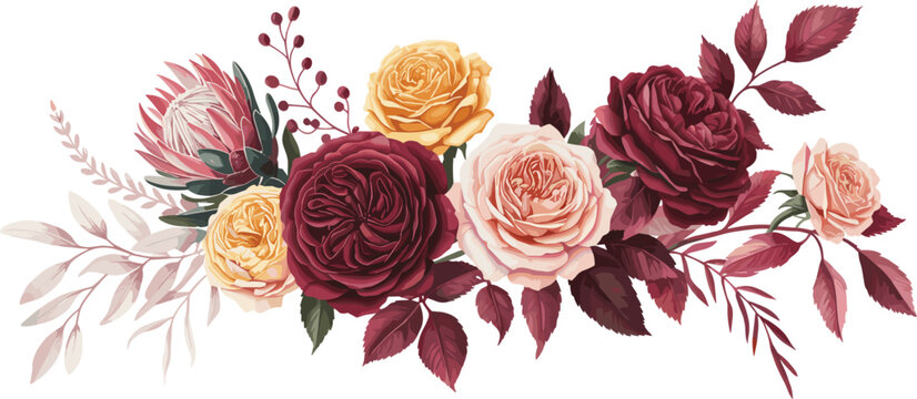 Elegant floral bouquet vector with roses, protea flowers and decorative botanical leaves arrangement illustration design