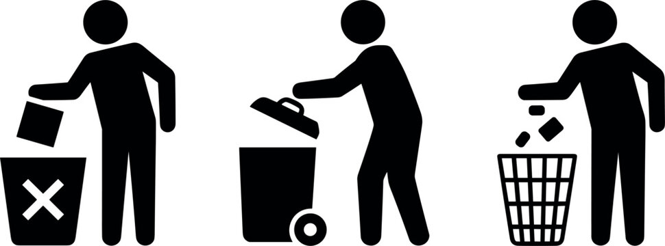 Black silhouette icon set of people throwing garbage into trash bins on white background