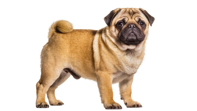 Fawn pug dog standing, isolated on transparent background