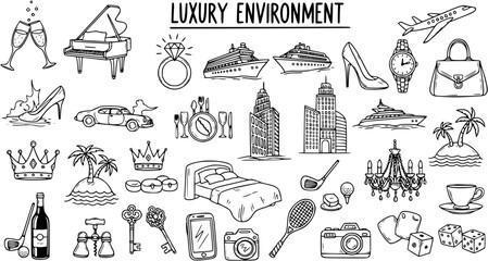 Luxury Environment Hand-Drawn Line Art Icons Collection. Black and White Sketch Doodles Representing Wealth, Lifestyle, and High-End Symbols. © devanca