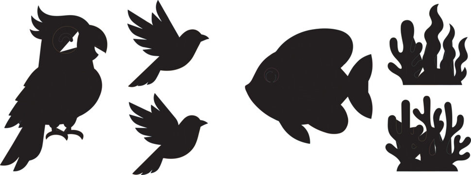 Black silhouette vector icon collection featuring cartoon parrot bird, flying songbirds, tropical ocean fish, and marine coral reef plants graphic design elements,