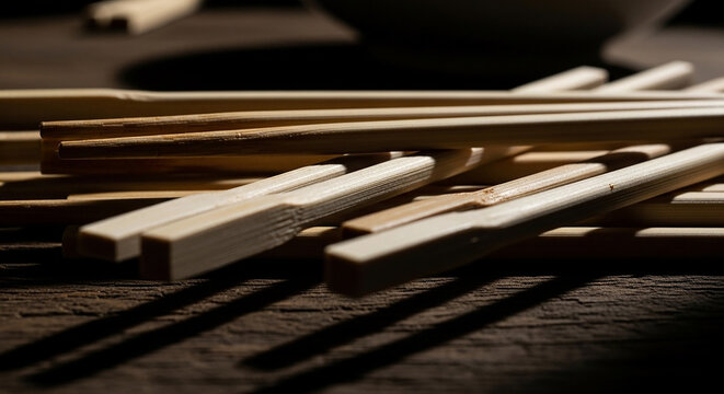 Pile of Natural Bamboo Chopsticks on Rustic Wooden Table, Asian Dining Utensils