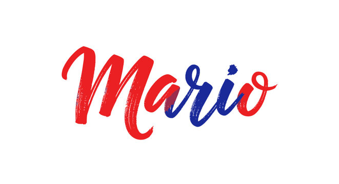 Mario Name Text Hand Lettering Red Blue Brush Stroke White Background