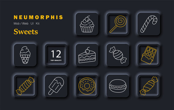Sweets candy set icon. Icecream cake lollipop chocolate donut candy bar popsicle caramel minimal neumorphic outline style dark theme soft shadow UI design.