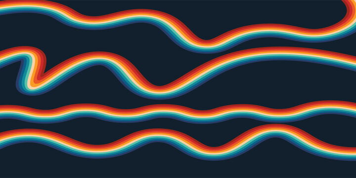Abstract colorful 70s background vector. Vintage retro style wallpaper with lines, rainbow wavy stripes.