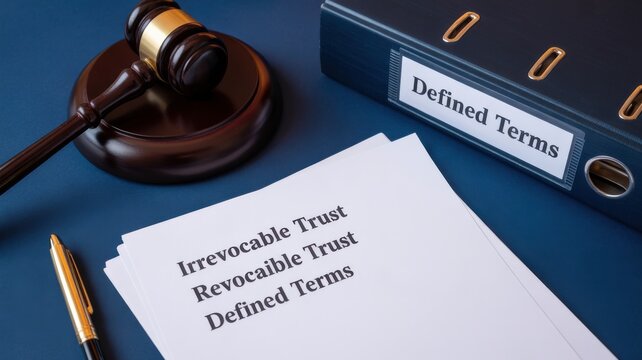 Legal document for irrevocable and revocable trust with a wooden gavel and binder on a blue background