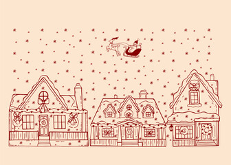 Obraz premium Cozy Christmas modern whimsical composition with christmas house, snow, santa and deer. Vintage doodle sketch illustrations. Linear style. Coquette cute vector design for new year in red color