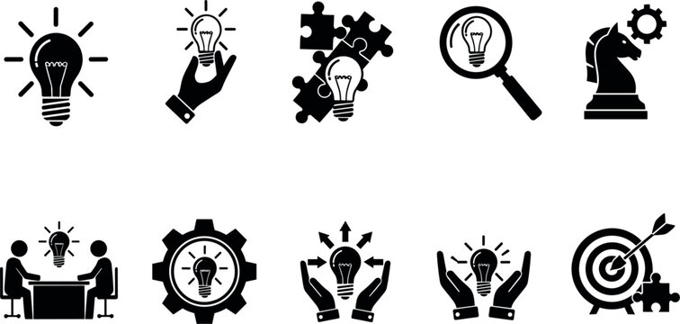 Business solution innovation strategy and creative idea black glyph icon set isolated on white background