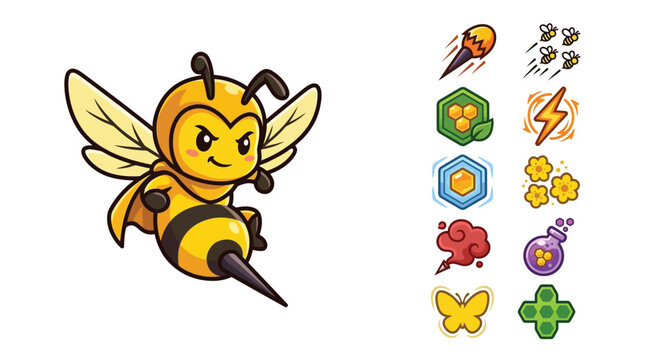 Cartoon bumblebee character in combat pose alongside collection of game power-up icons including honeycomb shields, lightning bolt, potion vial, and swarm attack symbols on white.