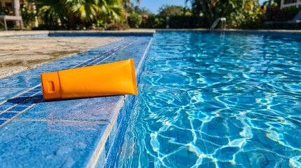 A mockup of a skincare product lies on the edge of a sparkling swimming pool on a sunny day with clear blue water and lush greenery in the background.