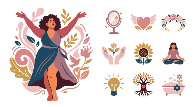 Flat vector illustration set of a plus size woman with arms raised and icons for self-care, meditation, mental health, wellness, and self-love isolated on a white background.