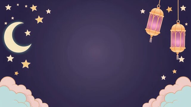 A whimsical night sky background with a crescent moon, twinkling stars, and two ornate hanging lanterns, framed by soft clouds. Islamic background with wide copy space