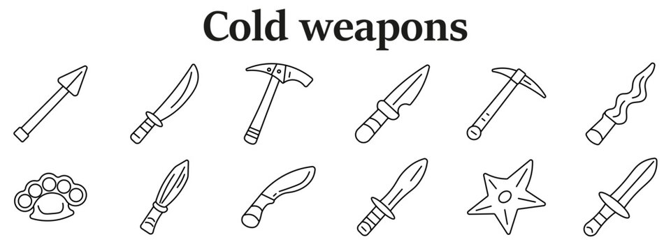 Cold weapons set icon. Spear, curved knife, pickaxe, dagger, hammer, spiked mace, knuckle guard, short blade, kukri knife, throwing star, sword variations line style
