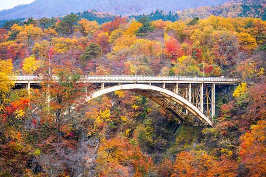 Naruko Bridge in Naruko Gorge during autumn, when the foliage is at its peak