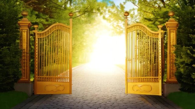 Golden gates open to a sunlit path, framed by lush greenery and ornate pillars