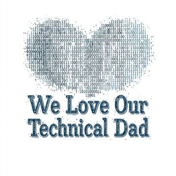 A heart shape constructed from binary digits with the words 'We Love Our Technical Dad' displayed prominently beneath it, celebrating a father's tech expertise.