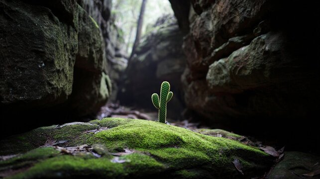 shallow. Cactus growing in damp rainforest, natural light through canopy. gardening catalogs, home-decor guides, designed for home decor and floral branding, used by devops engineers.