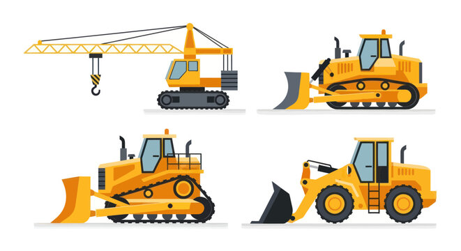 Yellow construction vehicles set: crane, bulldozer, loader, flat design