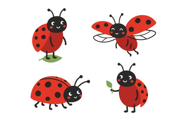Fototapeta premium Cute ladybug vector element set, funny ladybird cartoon character clip art for kids