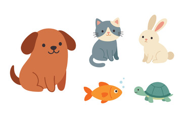 Cute domestic pets vector illustration set, kawaii cat dog rabbit turtle fish sticker pack