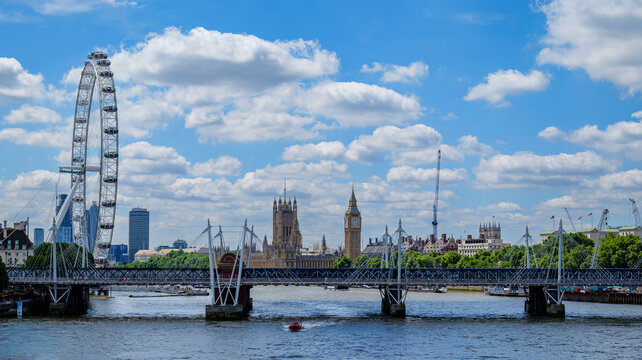 London - 07 09 2022: View of the Thames from Waterloo Bridge with the London Eye and Big Ben