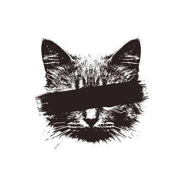 Retro vintage illustration of Anonymous Cat Face with Censorship Lines Black and White Grunge Stencil Street Art vector art