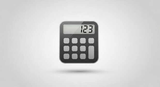 Modern gray digital calculator with illuminated numeric display showing 123, casting a subtle shadow on a gradient background, clean studio photography.