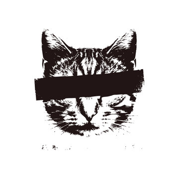 Retro vintage illustration of Anonymous Cat Face with Censorship Lines Black and White Grunge Stencil Street Art vector art