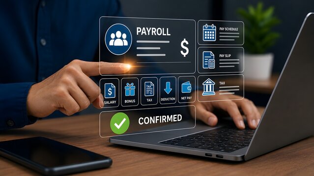HR manager confirming payroll processing on a futuristic digital interface with financial icons over laptop