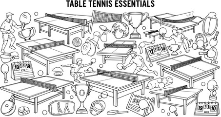 Naklejka premium Sports Table Tennis Essentials Black and White Line Art Outline Illustration