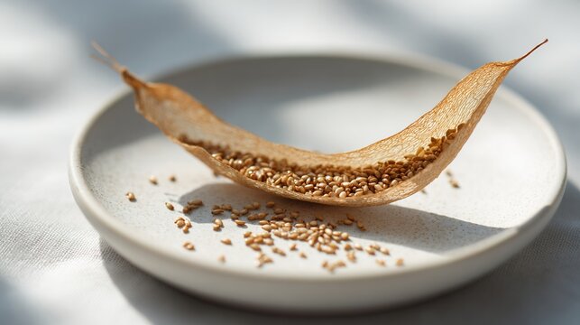 beniseed. A dried sesame pod split open on a white plate, revealing tiny seeds. gardening catalogs, home-decor guides, designed for home decor and floral branding, used by chefs.