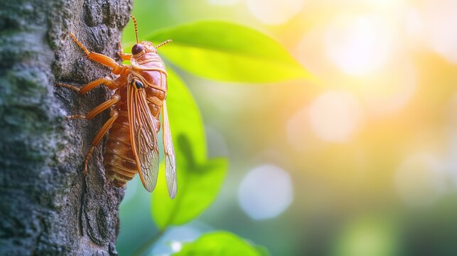 cicada. Empty cicada shell on tree bark with green leaves, symbolic transformation in soft morning light. gardening catalogs, home-decor guides, designed for home decor and floral branding.