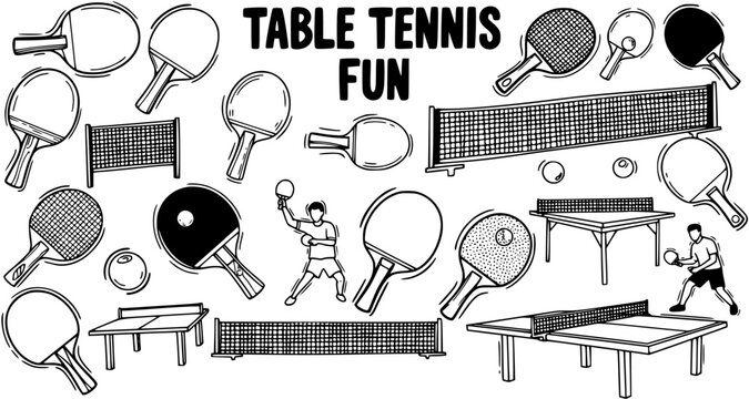 Sports  Recreation: Hand Drawn Table Tennis Fun Set in Black and White Line Art Style with Rackets, Balls, Nets, Tables, and Players Doodle Icons