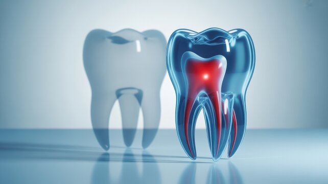 3D dental illustration of a transparent tooth with red inflamed pulp representing toothache and dental pulpitis