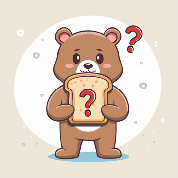 Confused Cartoon Bear Holding Bread with Question Mark