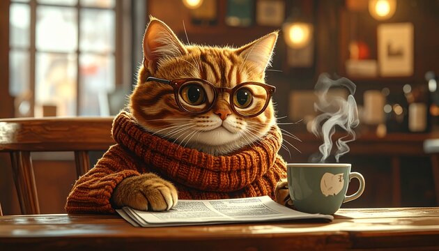Adorable anthropomorphic tabby cat wearing glasses and a knit sweater sitting at a cafe table with a steaming coffee cup