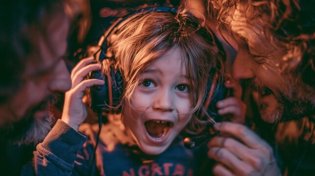 A young boy with wide eyes and an open mouth excitedly tries on large headphones while being closely observed by two adults.