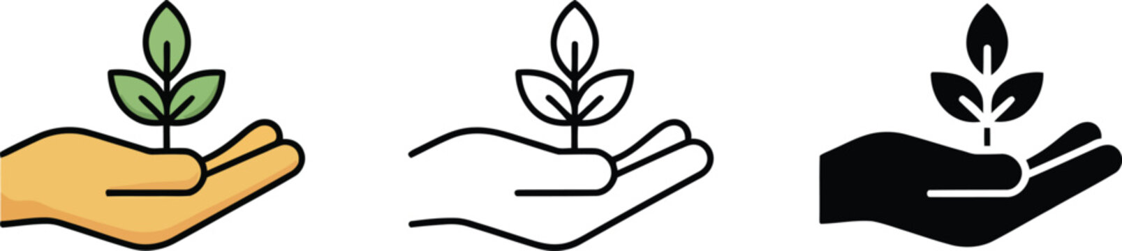 Three styles of hand holding a small plant icon
