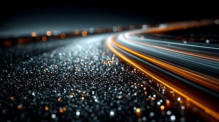 Fototapeta premium Abstract background with glowing orange and blue light trails on a dark speckled texture. Motion blur concept for high speed network data transfer.