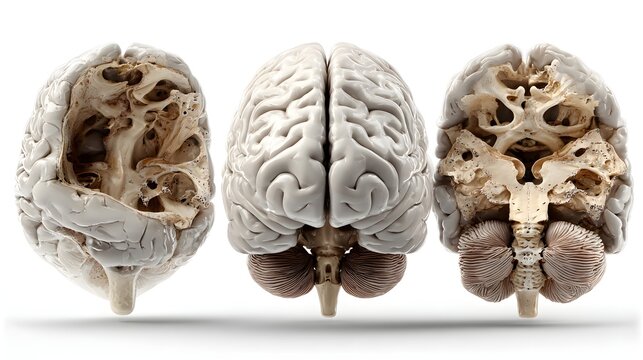 Human brain model set showing front view, side cross section, and posterior view on white background. Medical anatomy education illustration.